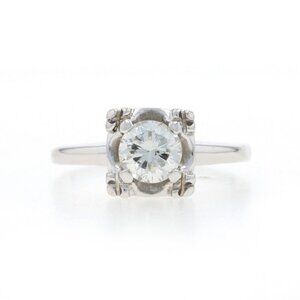 White Gold Diamond Vintage Solitaire Engagement Ring - 14k Round Brilliant .75ct